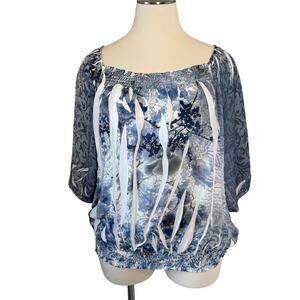 Christopher & Banks Blue Abstract Top Blouse Sz 1X Elastic Hem Square Neck Artsy